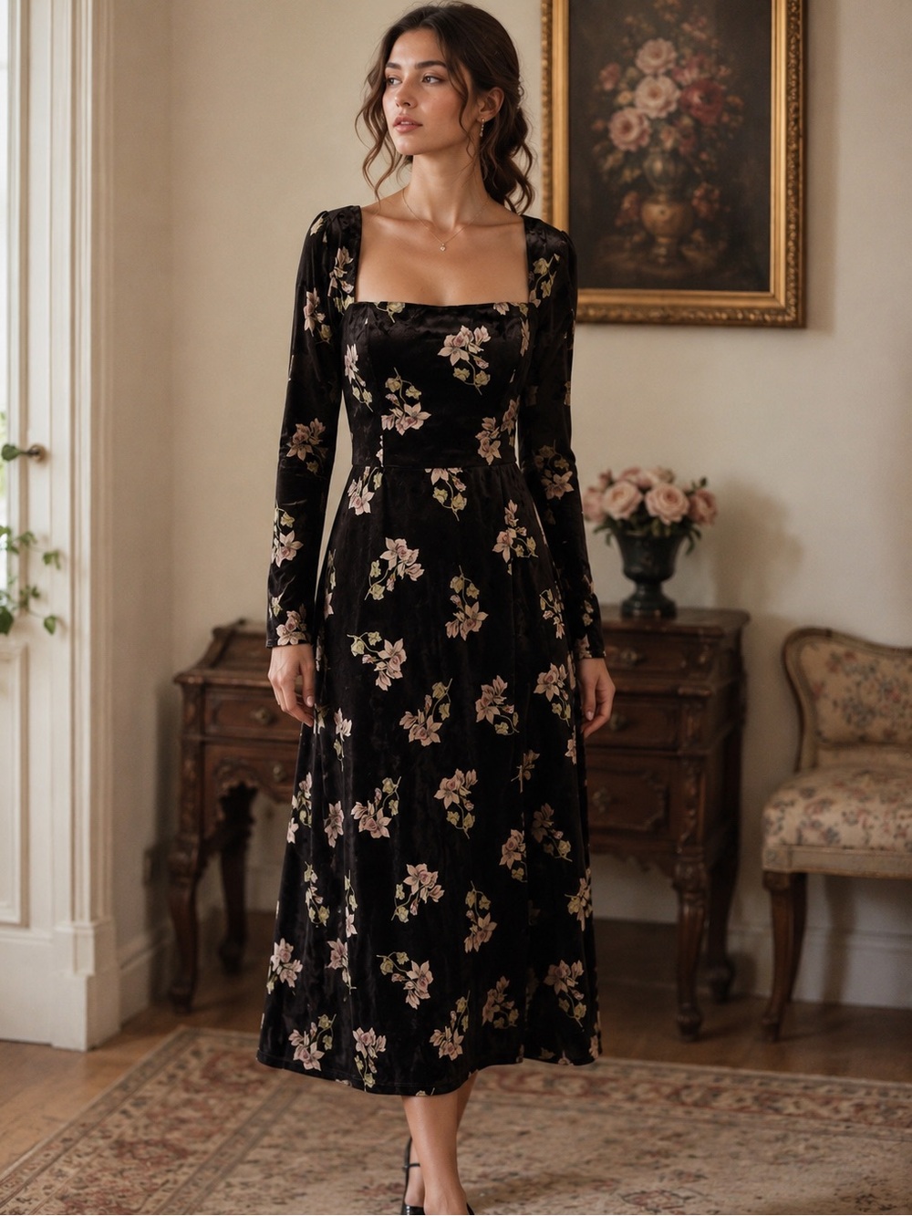 Hutch Black Purple Floral Crushed Velvet Midi Dress Square Neck Lined S